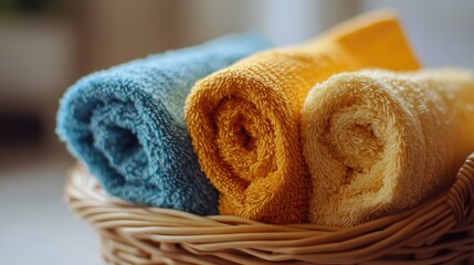A collection of neatly rolled-up dish towels and cleaning rags in a basket.