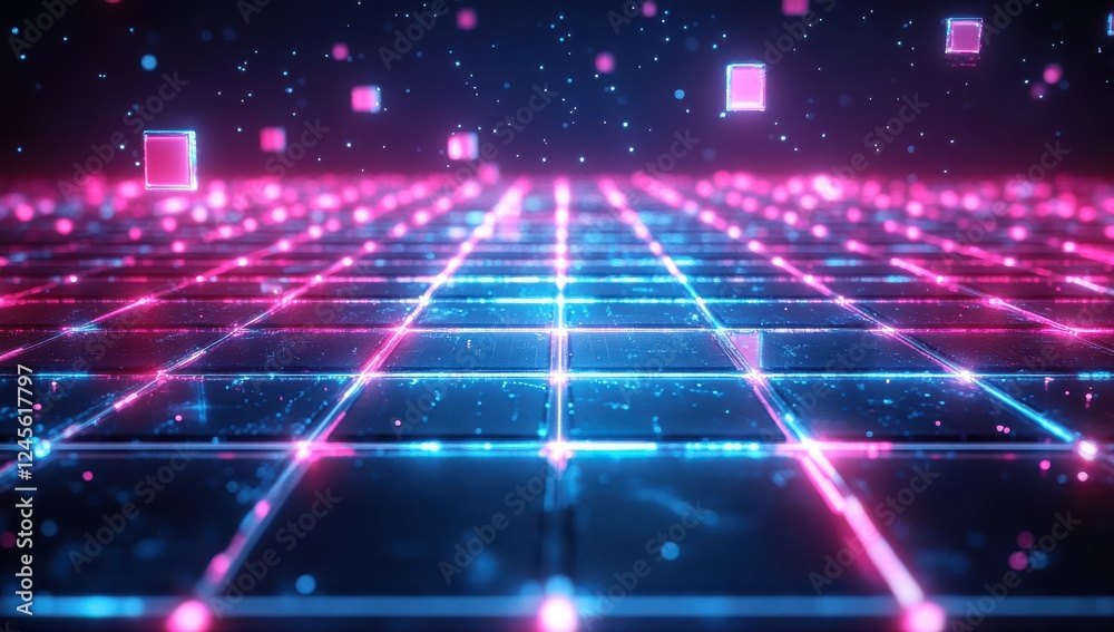 Poster futuristic digital grid with neon lights and floating squares in a dark background for technology an