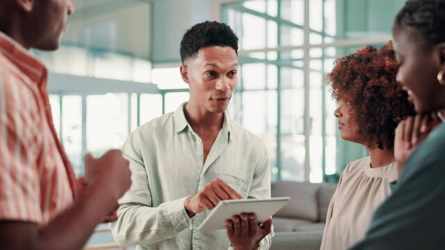 Collaboration, project management and tablet with business people in office for meeting or planning. Conversation, idea or vision with man and woman employee team in workplace for agenda or schedule