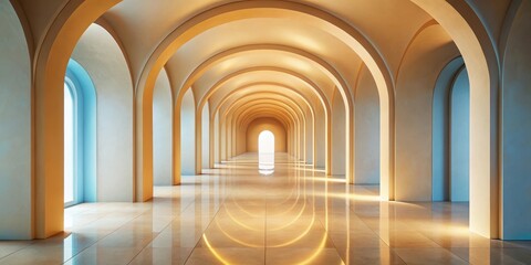 Obraz premium Elegant arched hallway with warm lighting and gleaming floor, leading to a bright exit