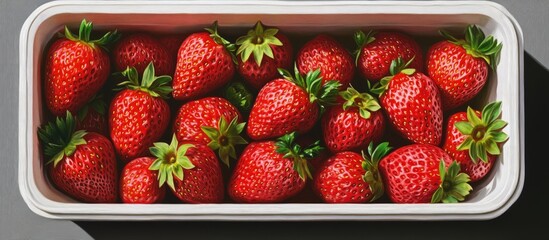 Fresh ripe strawberries in a white container on a dark background, showcasing vibrant red fruit with green leaves, ready for tasting and enjoyment.