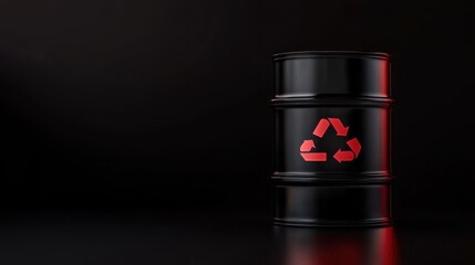 A black barrel with a red recycling symbol on it, set against a dark background, highlighting themes of waste management and sustainability.