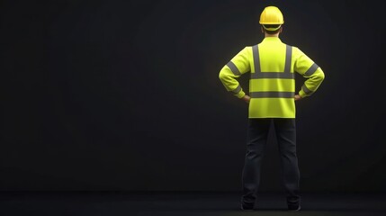 Fototapeta premium A worker in a bright yellow safety vest and helmet stands confidently with hands on hips against a dark background.