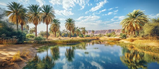 Obraz premium Lush green palm trees and vibrant blue sky reflected in calm water with golden desert landscape in foreground creating a serene natural oasis scene.