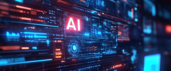 Fototapeta premium Futuristic Digital Interface Displaying AI Technology with Neon Lights and Circuit Patterns in a High-Tech Environment