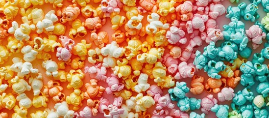 Colorful popcorn scattered across a textured surface featuring vibrant hues of orange, yellow, pink, and turquoise for creative projects.