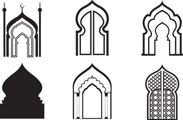 Six Islamic Architectural Elements, Black and White Vector Design