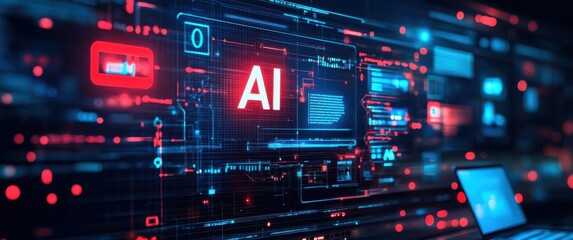 Fototapeta premium Futuristic Digital Interface Illustrating Artificial Intelligence Concepts with Abstract Technology Visuals and Data Patterns in a Dark Environment