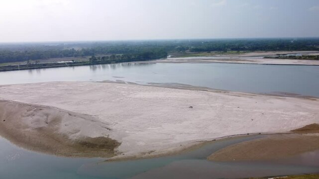 Aerial view of dry Torsa River in winter near Cooch Behar flows through China, Bhutan, India, and Bangladesh, West Bengal