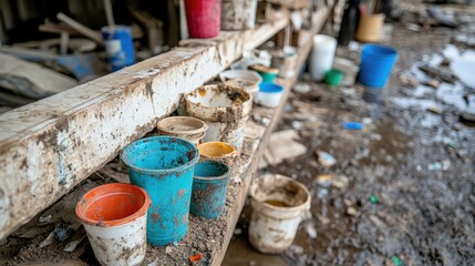 A counter filled with old food containers being cleared out.
