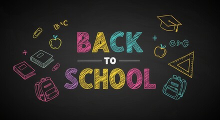 Back to school chalkboard style illustration with colorful doodles