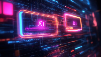 Futuristic Digital Interface Showcasing Neon AI Icons and Data Streams in a High-Tech Cybernetic Environment for Technology and Innovation Perspectives