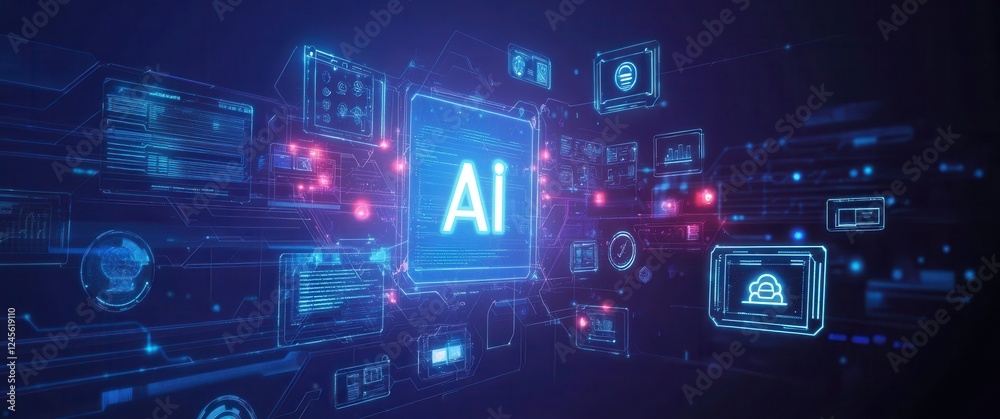 Poster futuristic digital interface with artificial intelligence concept in neon glow visualization and dat