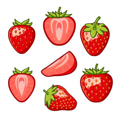 a variety of strawberry cut into shapes and arranged in different positions