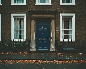 Autumnal London townhouse entrance; leaves; dark blue door; real estate