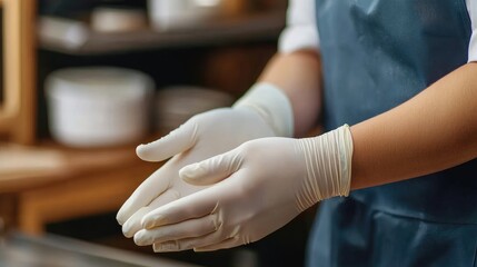 Obraz premium Preparing for food safety gloved hands in a culinary environment kitchen action shot hygiene focus