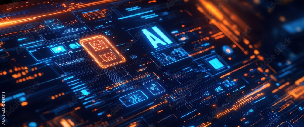 Poster futuristic digital interface with blue and orange lights featuring artificial intelligence elements 