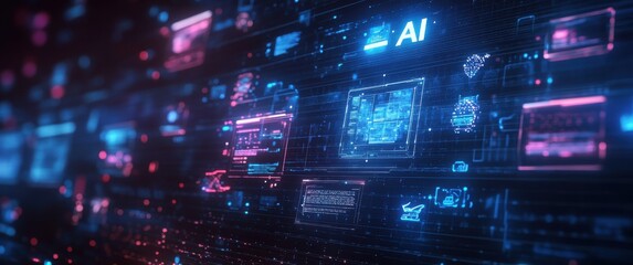 Obraz premium Futuristic Digital Interface with Artificial Intelligence Displays and Data Visualization Elements in Neon Colors