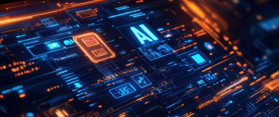 Obraz premium Futuristic Digital Interface with Blue and Orange Lights Featuring Artificial Intelligence Elements and Data Visualization Technology Concepts