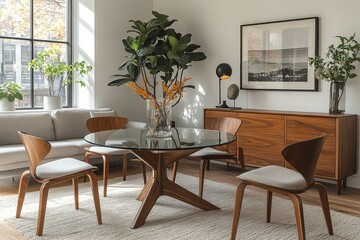 Obraz premium Living room with white walls, walnut sideboard, coffee table, black-framed art, glass dining set, LED floor lamp, and gray sofa with chairs.