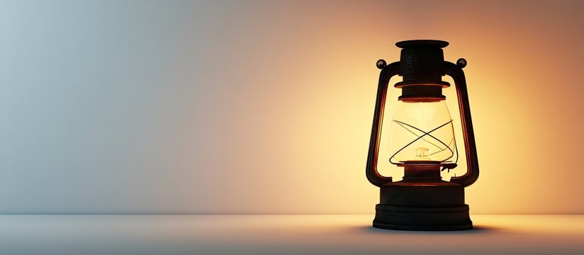 Classic vintage oil lantern emitting warm amber light with a soft outward blur effect set against a gradient white to light blue background. - Powered by Adobe