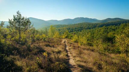 Obraz premium Outdoor Adventure Landscape. A mountain or forest area suitable for running or cycling, with a clear sky in the background