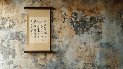 Hanging Japanese Scroll on Textured Wall, Antique Calligraphy Art and Unique Background