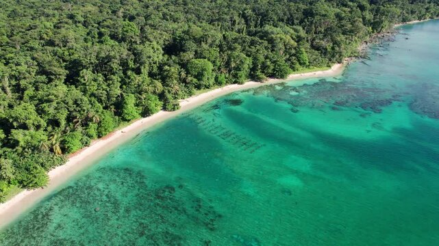Drone flight over the ocean in Cahuita National Park, Costa Rica