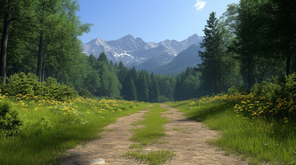 Fototapeta premium Outdoor Adventure Landscape. A mountain or forest area suitable for running or cycling, with a clear sky in the background