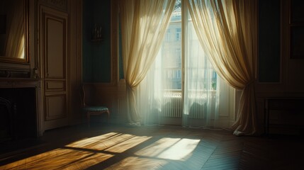 Fototapeta premium A curtain rod without curtains, revealing a large, sunlit window.