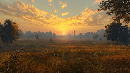 Obraz premium Lush green field with a windmill in the distance showcasing agricultural productivity and renewable energy
