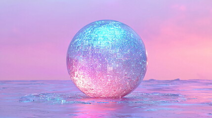 Shimmering crystal sphere with colorful reflections on a smooth water surface, set against a dreamy pink and purple sunset background, creating a surreal atmosphere.