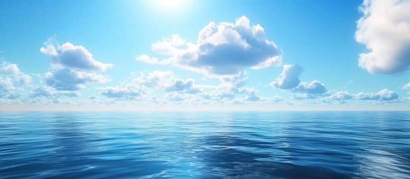 Vibrant blue ocean reflecting fluffy white clouds with sunlight shining brightly in a serene sky create a tranquil and stunning visual scene