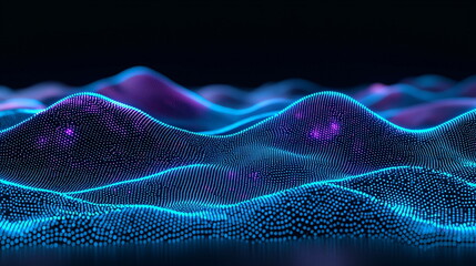 Vibrant digital landscape with flowing waves of blue and purple light creating a mesmerizing pattern against a dark background, resembling a futuristic visualization of sound or data.