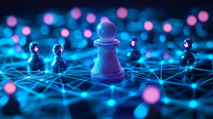 Digital chess piece surrounded by glowing nodes on a network grid, highlighting strategy and connection in a futuristic design, emphasizing game theory and competition.