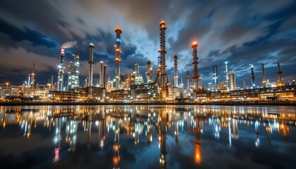 Fototapeta premium Night view of a large illuminated oil refinery complex with reflection in calm water, industrial landscape at dusk.