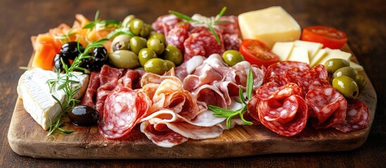Colorful delicatessen platter with assorted meats cheeses olives and fresh vegetables arranged artistically on a rustic wooden board.