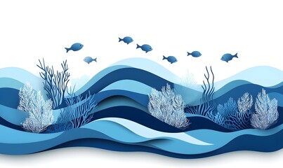 Ocean waves, coral reef, fish, underwater scene, paper art style, marine background, for design