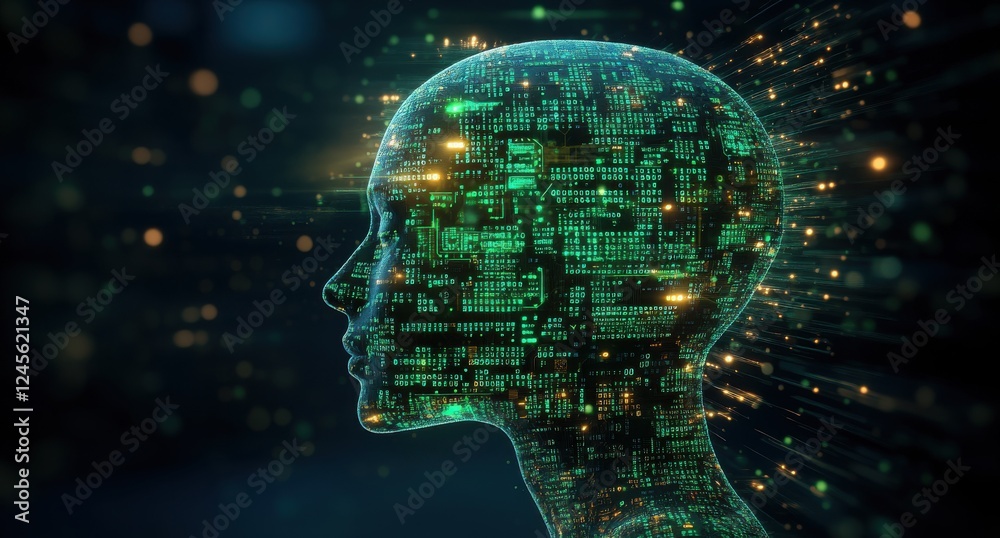 Poster futuristic digital profile silhouette with circuit patterns and glowing particles representing artif