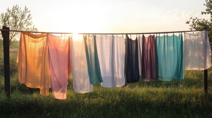 A drying rack filled with freshly washed sheer curtains.