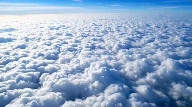 Endless fluffy clouds covering the horizon under clear blue sky. Nature concept