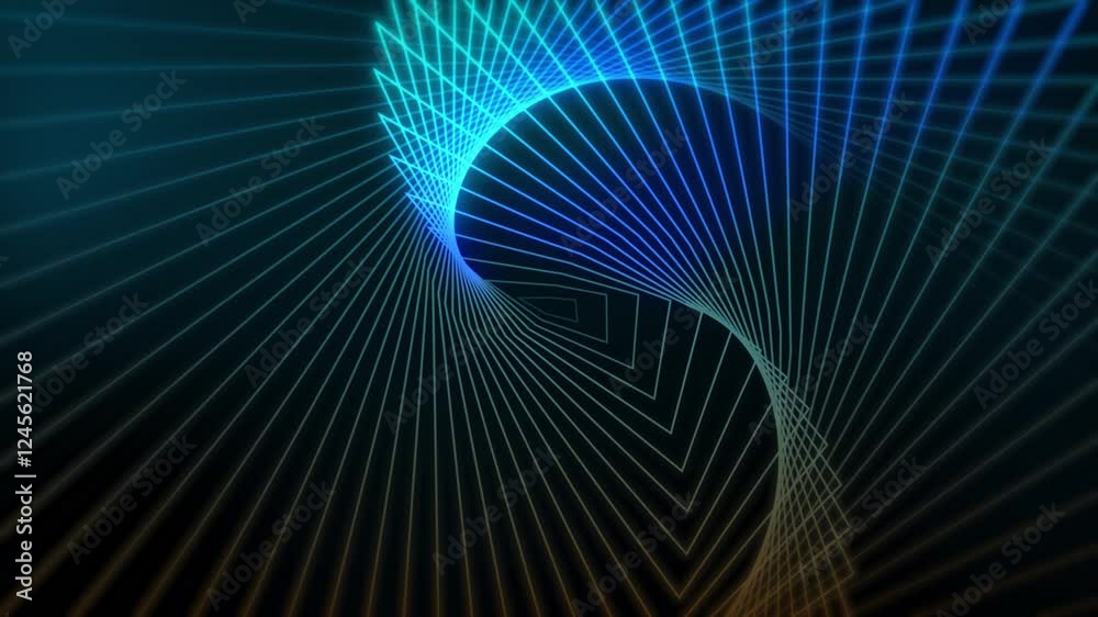Wall mural swirling wave warp shape neon glowing lines geometric pattern design 3d animation on dark gradient b