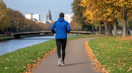 Fototapeta premium Runner jogging through autumn park cityscape background outdoor lifestyle photography tranquil environment perspective on fitness