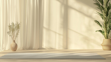 Yoga and Meditation background. A minimalist background with a yoga mat on the floor in soft pastel colors.