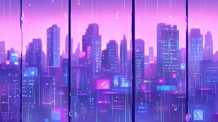 Rainy city night view from window, neon lights, digital art, website banner