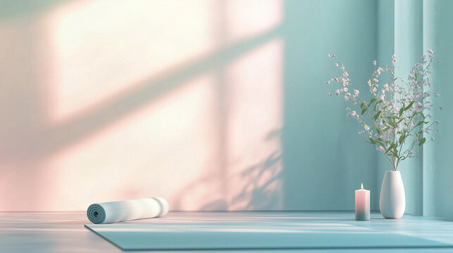 Yoga and Meditation background. A minimalist background with a yoga mat on the floor in soft pastel colors.