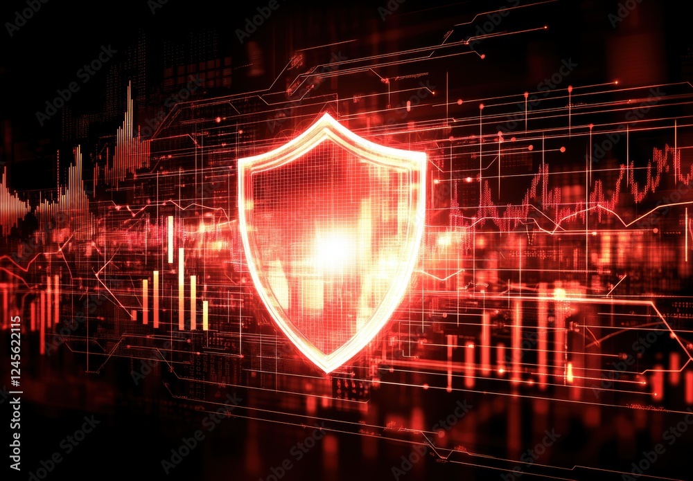 Poster futuristic digital security concept with red shield and data visualization enhancements in a modern 