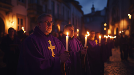 Religious procession of Semana Santa in Braga, penitents dressed in purple robes with burning candles in their hands, Ai generated images