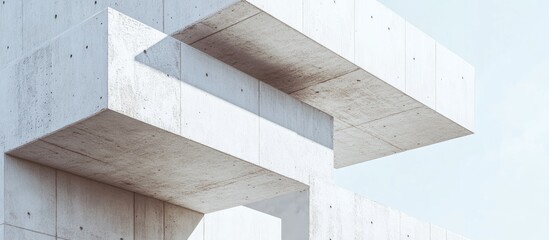 Fototapeta premium Abstract architectural structure showcasing a minimalist concrete design with floating slabs and a pale blue sky background, emphasizing geometric lines.