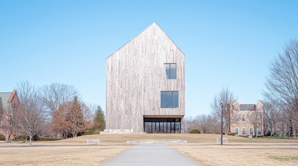 Modern wooden building, campus pathway, clear sky